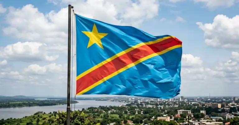 Bandera de la República Democrática del Congo ondeando sobre una ciudad, imagen relacionada con una guía sobre dónde queda Congo.