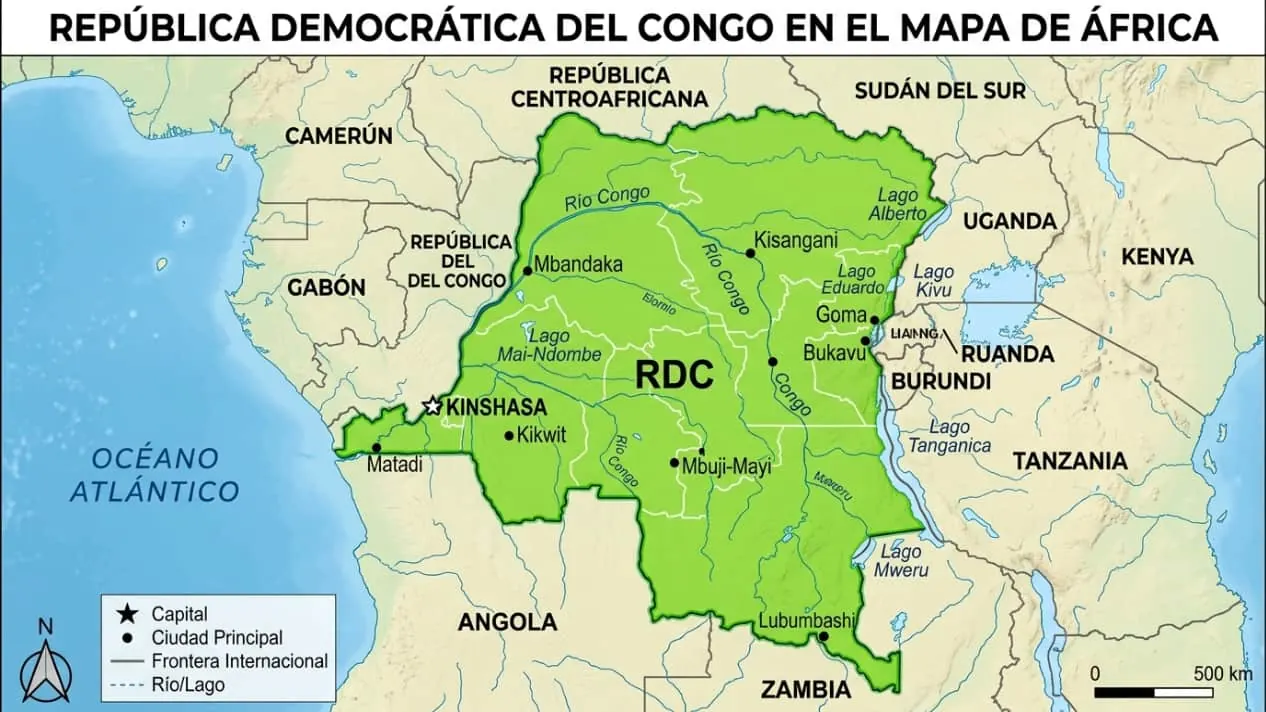 Mapa de la República Democrática del Congo en África central, con Kinshasa, el río Congo y sus límites con Angola, Zambia, Uganda, Ruanda, Burundi, Tanzania, Sudán del Sur, República Centroafricana y República del Congo.