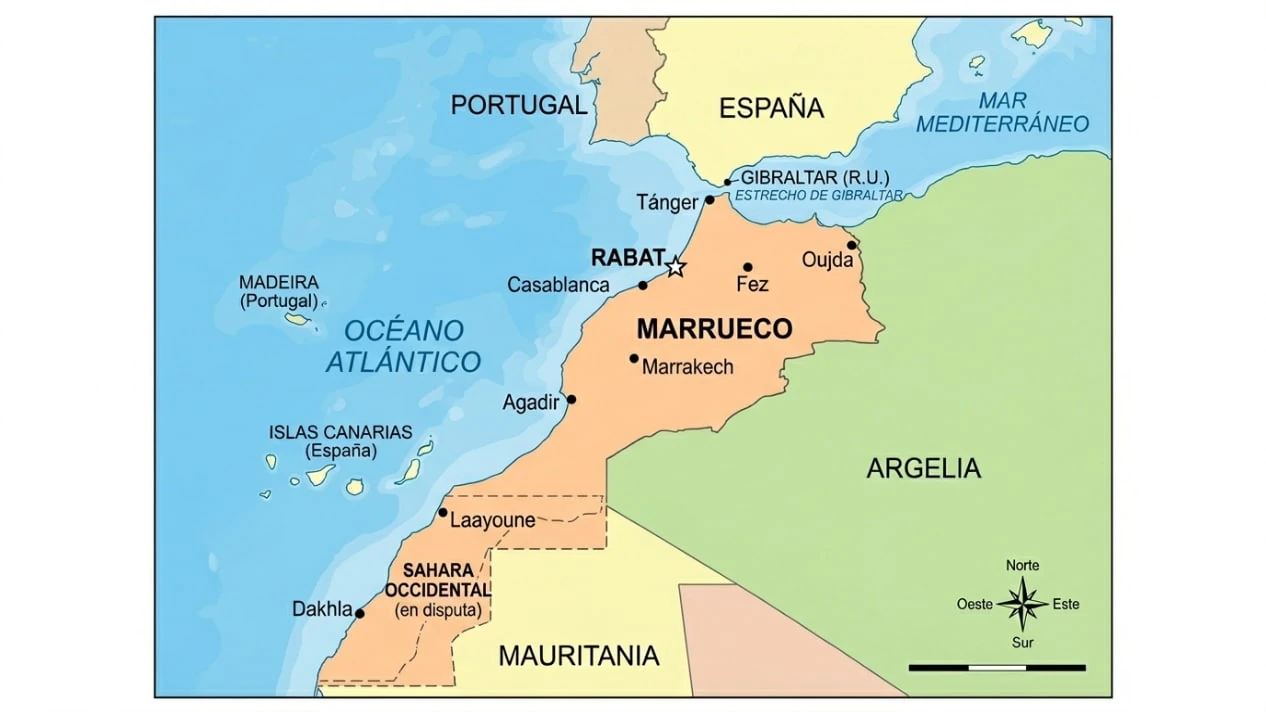 Mapa de Marruecos en el norte de África, con Rabat, Casablanca, Marrakech, Tánger y sus límites con Argelia, Mauritania y el océano Atlántico.