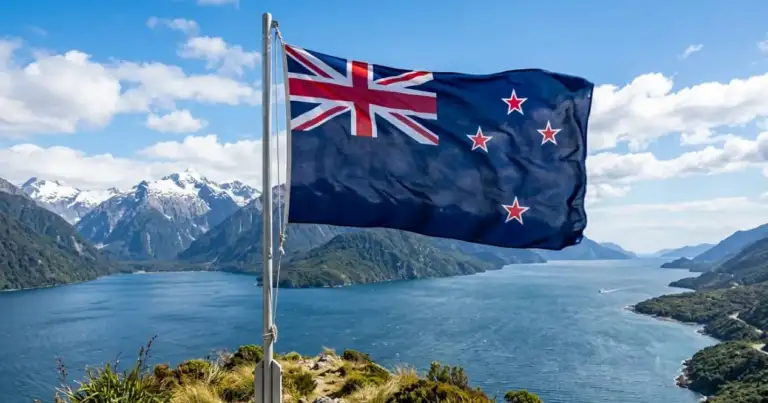 Bandera de Nueva Zelanda frente a un paisaje de fiordos, montañas nevadas y lagos en la Isla Sur.