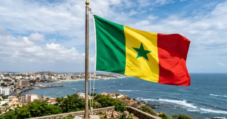 Bandera de Senegal ondeando sobre la costa de Dakar, capital del país, en África occidental.