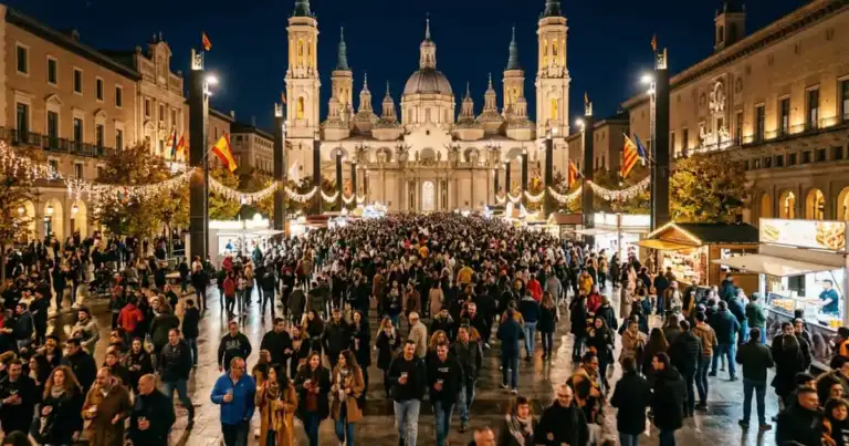 Multitud frente a la Basílica del Pilar en Zaragoza durante las Fiestas del Pilar, una de las celebraciones más importantes de Aragón.