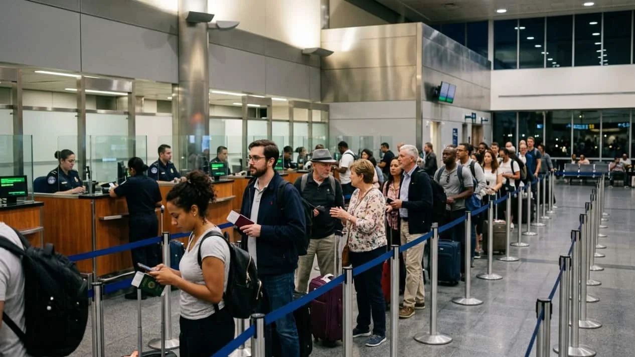 Perder un vuelo con conexión: qué hacer si los controles del aeropuerto demoran tu viaje Pasajeros hacen fila en un control del aeropuerto durante un viaje con conexión internacional.