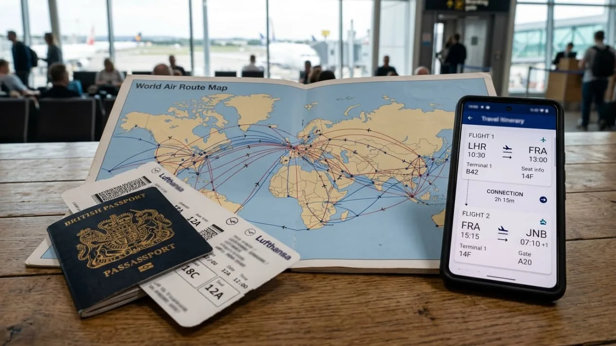 Cómo revisar tu itinerario si tienes un vuelo con conexión Pasaporte, tarjeta de embarque e itinerario de vuelos con conexión sobre una mesa en el aeropuerto.