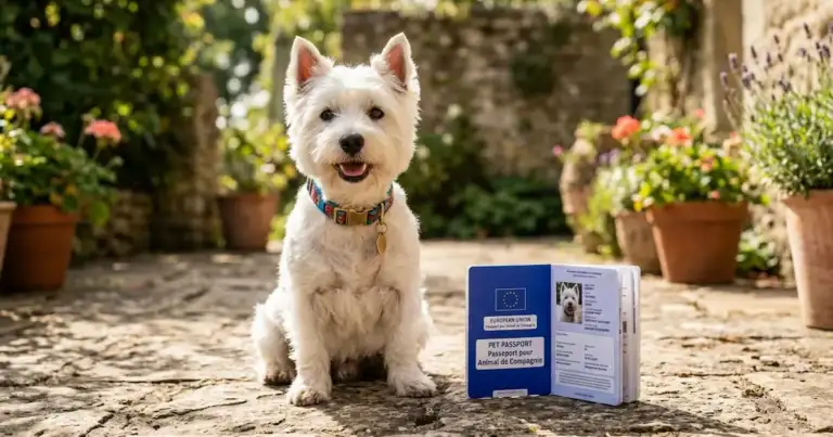 perro con orejas paradas y pasaporte para mascotas azul