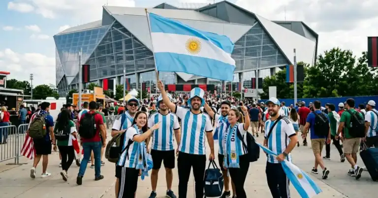 Hinchas argentinos frente a un estadio en Estados Unidos, imagen relacionada con cuánto cuesta viajar al Mundial 2026 desde Argentina.