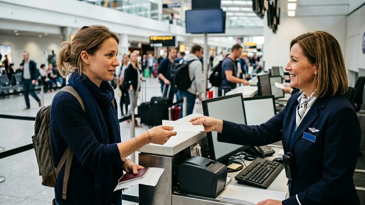 Cuándo la aerolínea debe ayudarte si pierdes un vuelo con conexión Pasajera recibe asistencia de una empleada de aerolínea tras perder un vuelo con conexión.