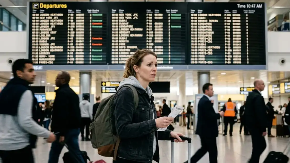 Pasajera preocupada en un aeropuerto consulta el panel de salidas tras perder o estar por perder un vuelo con conexión.