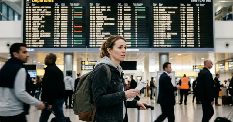 Pasajera preocupada en un aeropuerto consulta el panel de salidas tras perder o estar por perder un vuelo con conexión.