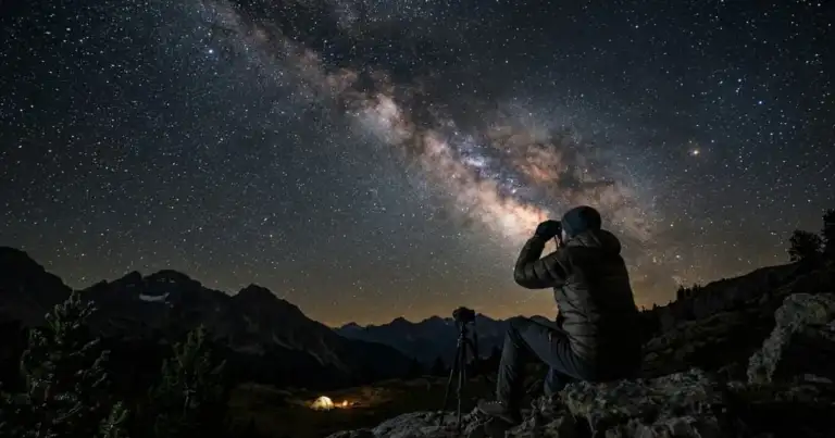 Viajero observando la Vía Láctea en una zona de montaña, una experiencia asociada al noctourism o turismo nocturno.