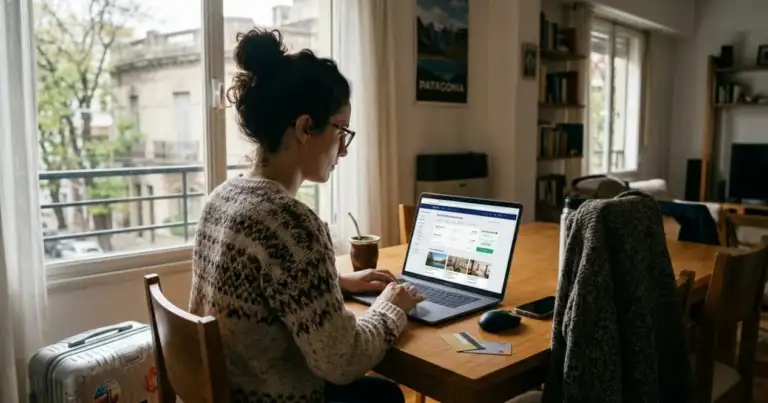 Persona buscando ofertas de viajes online durante el Travel Sale 2026, imagen relacionada con vuelos, hoteles y paquetes más baratos.
