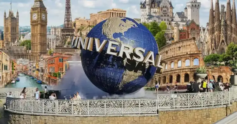 Imagen promocional de Universal con monumentos de Europa y el logo del parque, asociada al primer parque temático europeo de la compañía.
