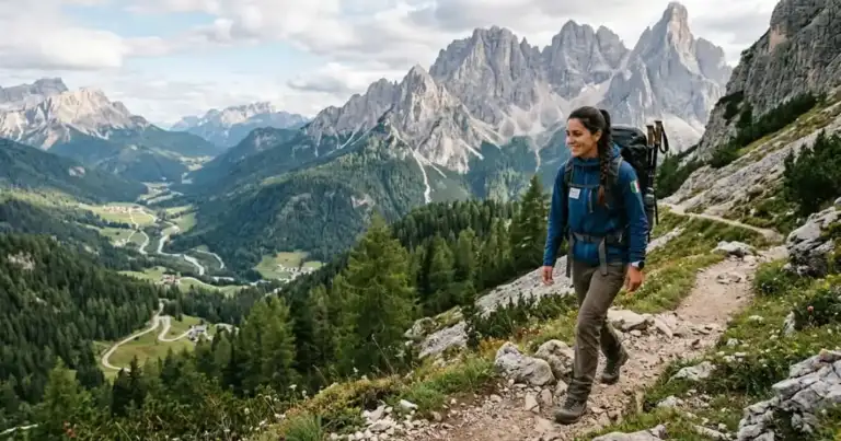 Mujer haciendo senderismo en los Alpes italianos, imagen de una convocatoria para pasar un mes como voluntario con alojamiento y gastos cubiertos.