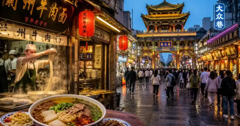 Calle gastronómica de Lanzhou, China, con puestos de comida y preparación de fideos tradicionales