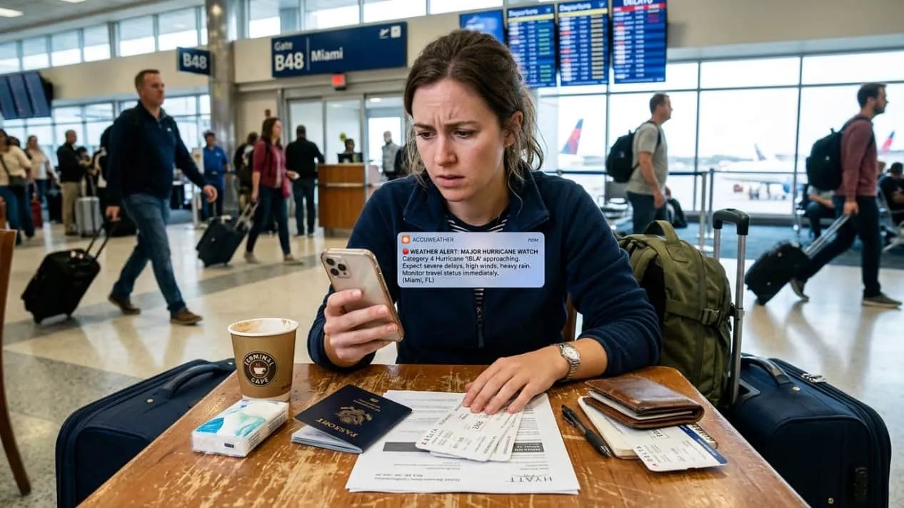 Viajera en un aeropuerto revisando una alerta de huracán en su celular, con pasaporte, pasajes y valijas sobre la mesa.