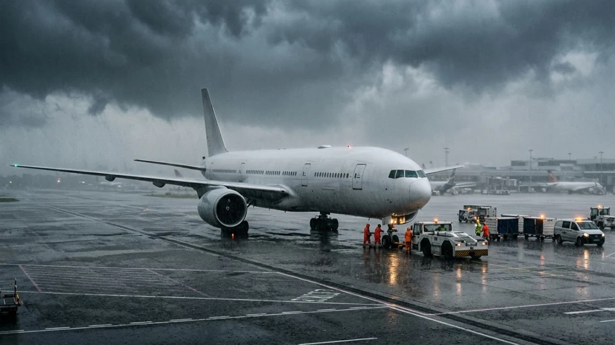 Avión en la pista de un aeropuerto bajo lluvia intensa y nubes de tormenta, imagen relacionada con vuelos afectados por tormentas tropicales.