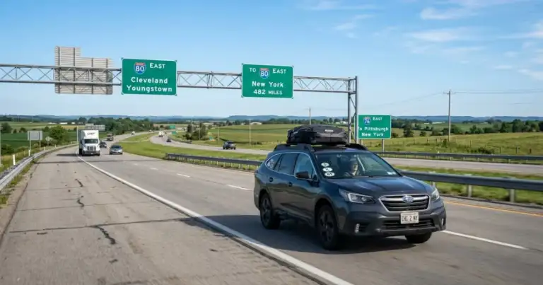 Auto viajando por una autopista rumbo a Nueva York, imagen relacionada con la ruta en carro desde Chicago.