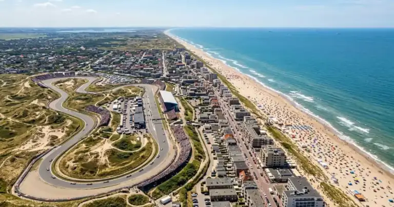 Vista aérea del circuito de Zandvoort junto a la playa y el Mar del Norte, en Países Bajos.