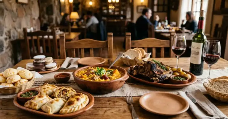 Mesa con comidas típicas argentinas como empanadas, locro, chipá, carne asada, alfajores y vino, imagen relacionada con platos regionales de Argentina.
