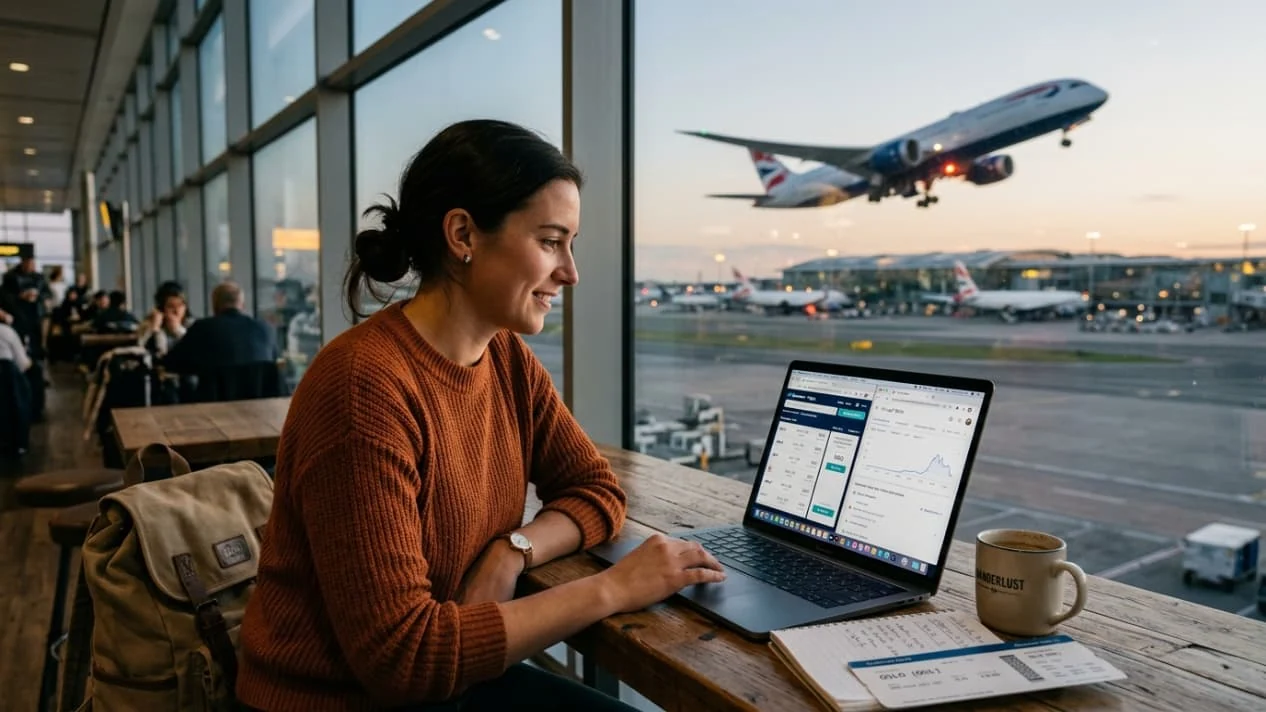 Viajera compara precios y condiciones de vuelos en una computadora desde una terminal de aeropuerto.