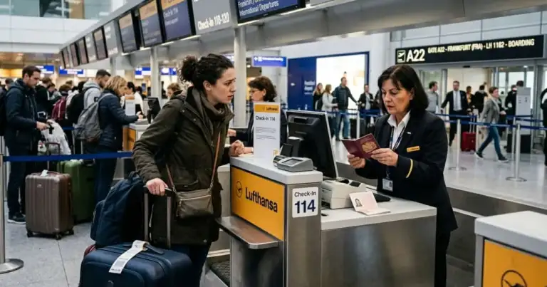 Empleada de una aerolínea revisa el pasaporte de una pasajera durante el check-in en un aeropuerto europeo.