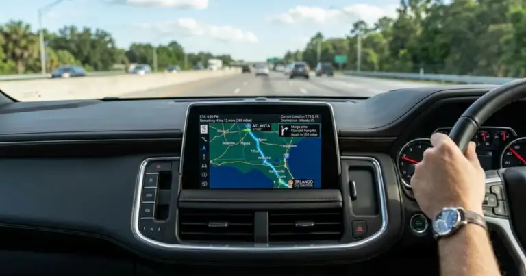 Conductor siguiendo en el GPS la ruta de Atlanta a Orlando en carro por una autopista de Estados Unidos.