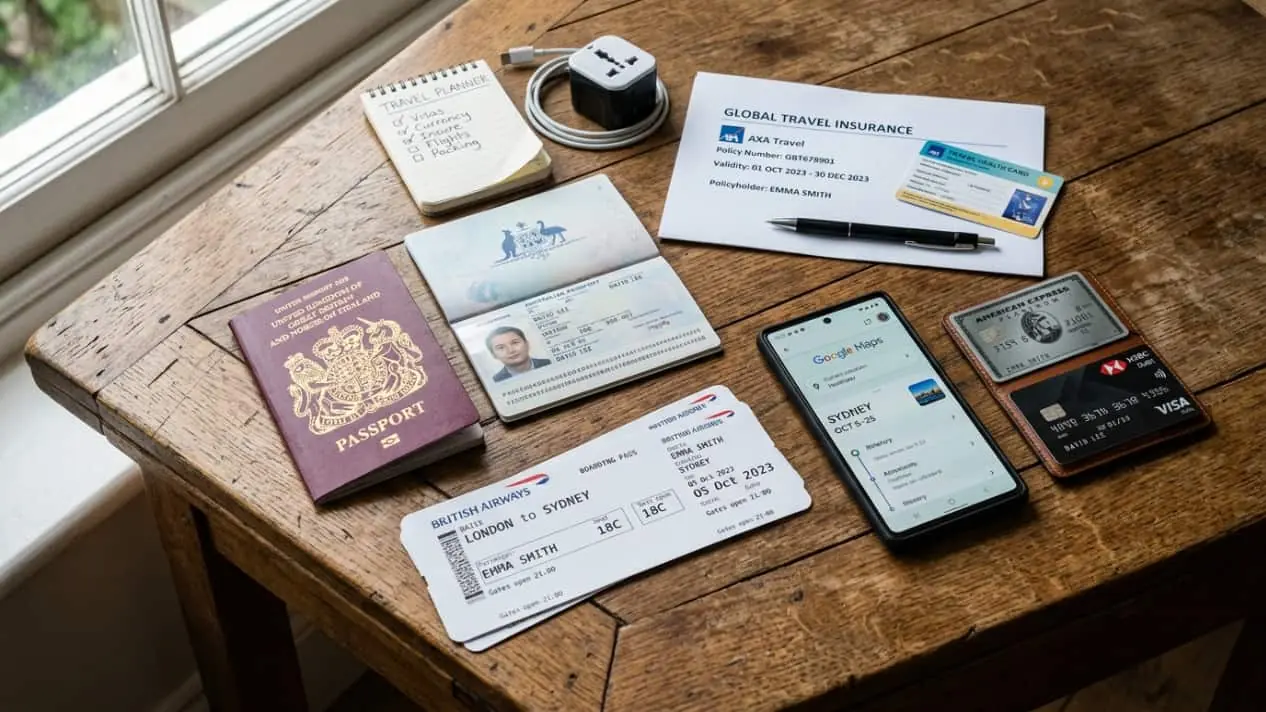 Pasaportes, tarjeta de embarque, seguro de viaje, teléfono y medios de pago preparados para un vuelo internacional.