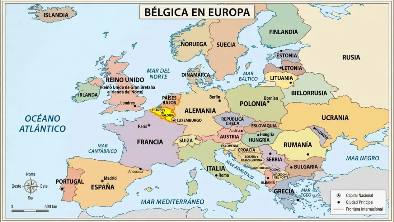 Mapa de Europa con Bélgica resaltada, junto a su ubicación respecto de Francia, Alemania, Países Bajos y Luxemburgo.