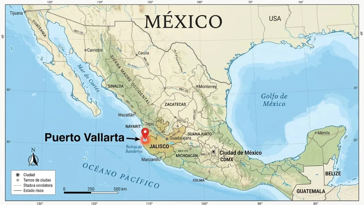 Mapa de México con la ubicación de Puerto Vallarta en la costa del Pacífico, en el estado de Jalisco, cerca de Nayarit y Guadalajara.