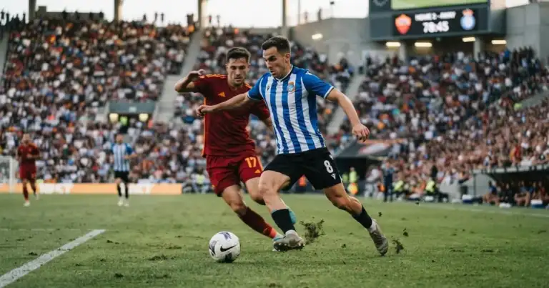 Dos futbolistas disputan la pelota en plena jugada.