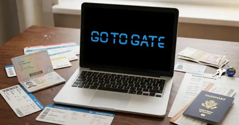 Computadora con el sitio de Gotogate junto a pasaportes, tarjetas de embarque y documentos para organizar un viaje.