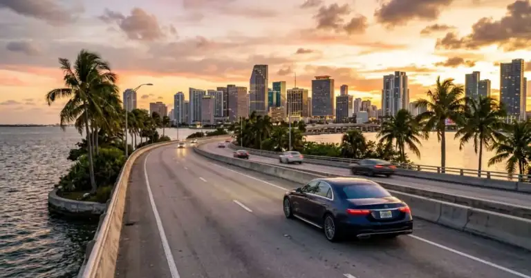 Carro entrando a Miami por una autopista junto al mar, con palmeras y el skyline de la ciudad al atardecer.