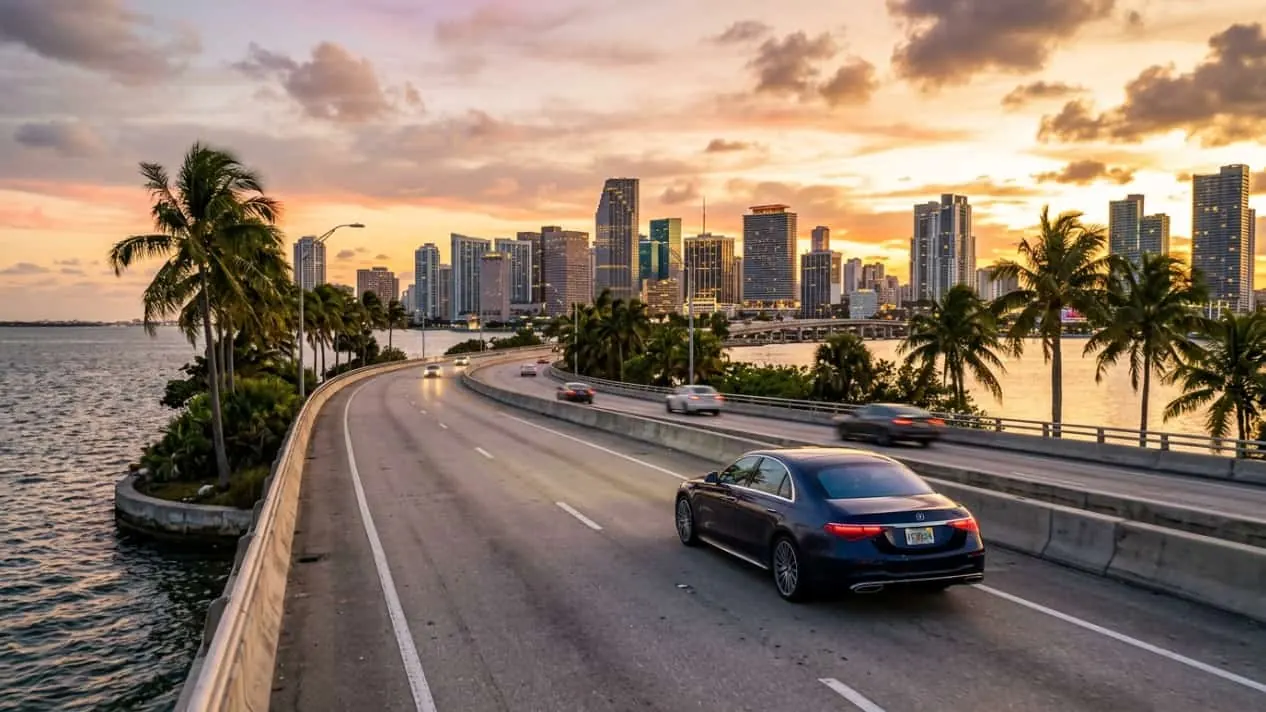 Carro entrando a Miami por una autopista junto al mar, con palmeras y el skyline de la ciudad al atardecer.