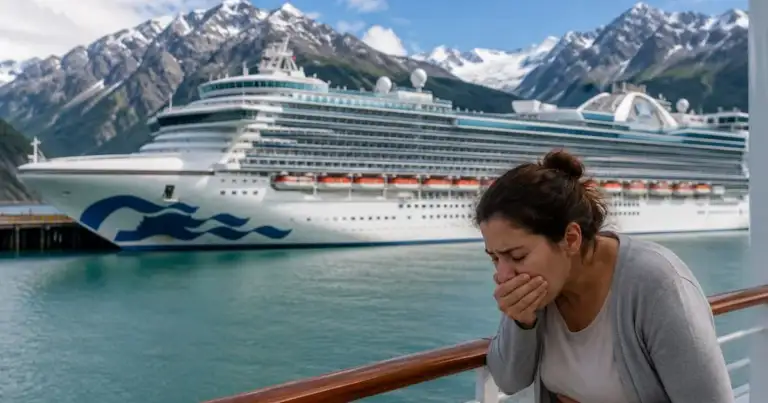 Mujer en baranda de crucero, barco de pasajeros y montañas nevadas atrás