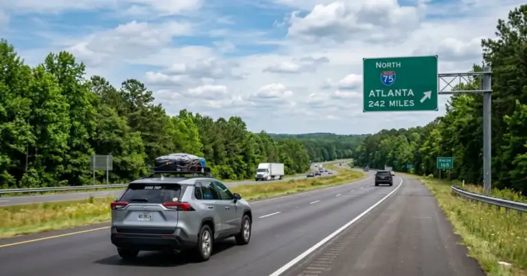 Auto viajando por una autopista hacia Atlanta, imagen relacionada con la ruta en auto desde Miami y la distancia del viaje.