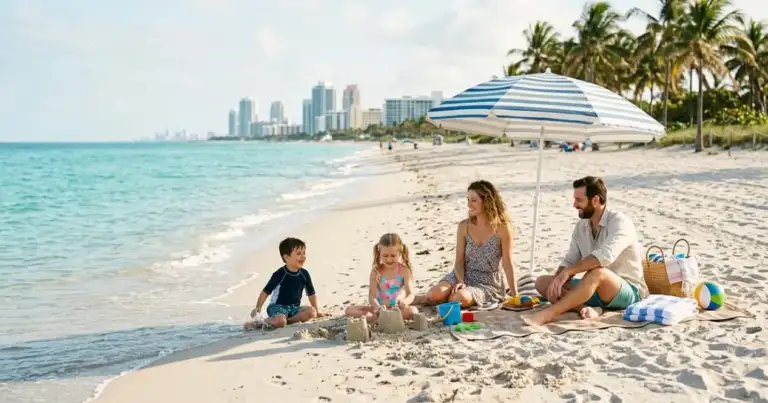 Familia con niños disfrutando una playa de Miami con sombrilla, juguetes de arena y edificios frente al mar al fondo.