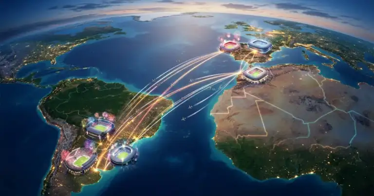 Mapa conceptual del Mundial 2030 con rutas aéreas entre Sudamérica, Europa y África, estadios iluminados y conexiones internacionales.