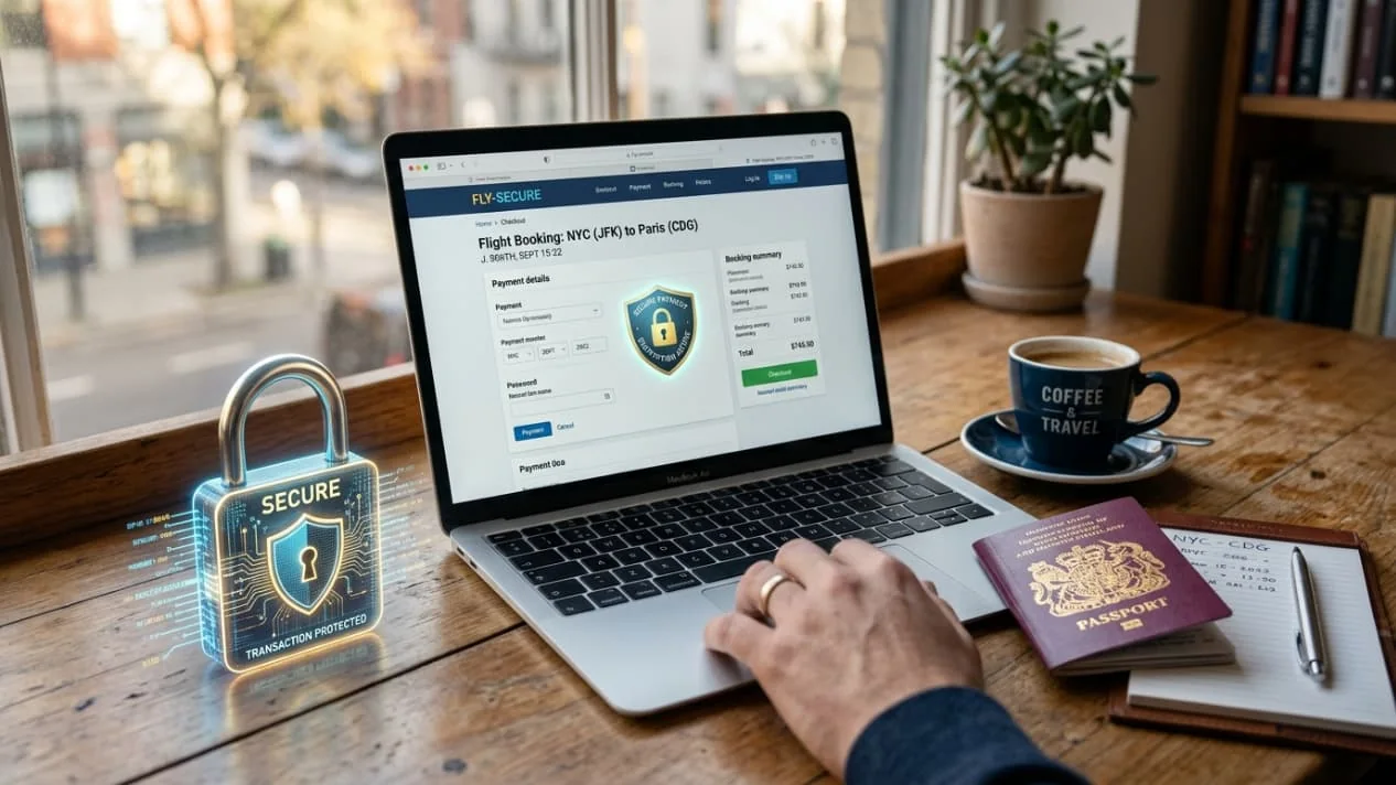 Persona realiza el pago de una reserva aérea online desde una computadora, junto a un pasaporte y documentos de viaje.