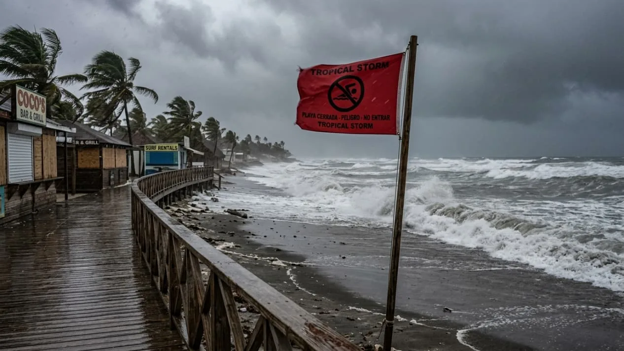 Playa cerrada por tormenta tropical, con bandera de advertencia, oleaje fuerte, viento y palmeras dobladas.