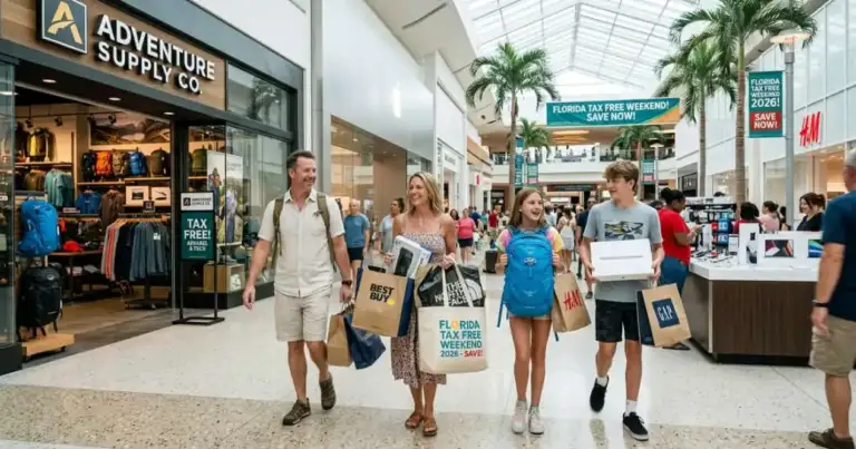 Familia comprando ropa, mochilas y tecnología en un centro comercial de Florida durante el Tax Free Weekend 2026.
