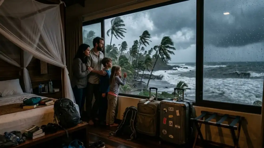 Familia en una habitación de hotel observando una tormenta tropical frente al mar, con lluvia, viento fuerte y equipaje listo.