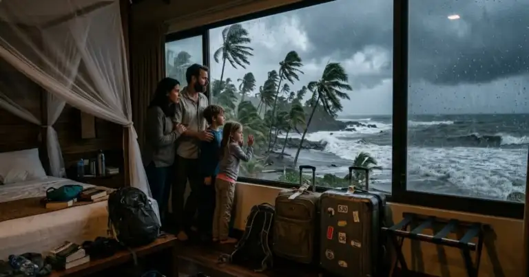 Familia en una habitación de hotel observando una tormenta tropical frente al mar, con lluvia, viento fuerte y equipaje listo.