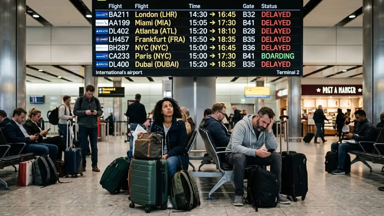 Pasajeros esperan con sus maletas bajo un panel que muestra varios vuelos retrasados en un aeropuerto.