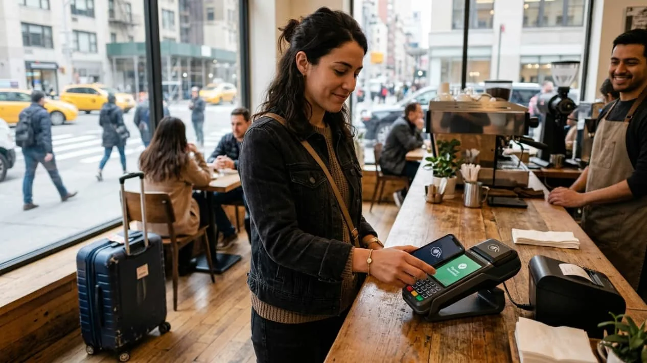 Pagos contactless con AstroPay durante un viaje Viajera realizando un pago contactless con el celular en una cafetería