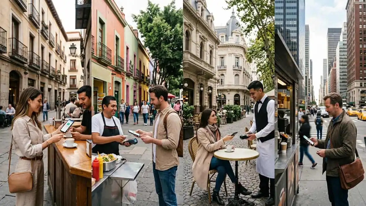 AstroPay: países donde se puede usar y pagos durante viajes Viajeros realizando pagos con el celular en comercios de distintas ciudades durante viajes internacionales