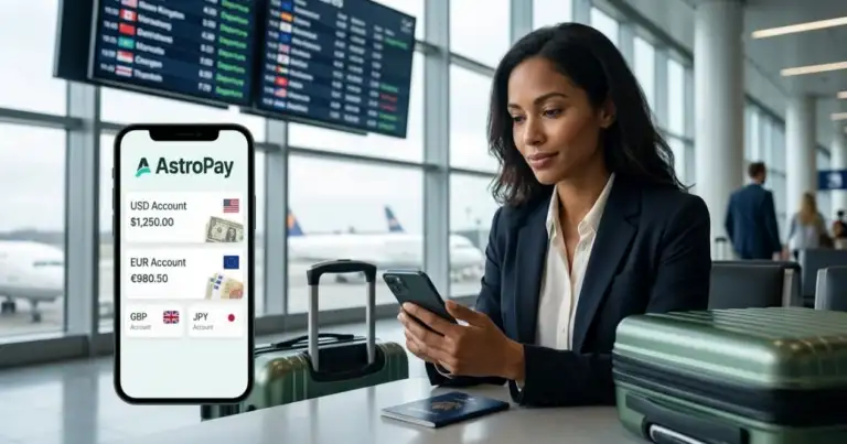 Viajera consultando AstroPay y cuentas en distintas monedas desde su celular en un aeropuerto
