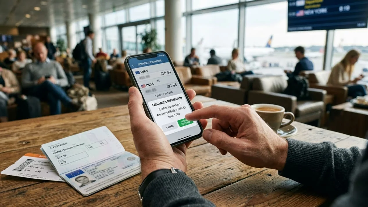Cambio de moneda, comisiones y uso de AstroPay en viajes Viajero cambiando euros a dólares desde el celular mientras espera en un aeropuerto