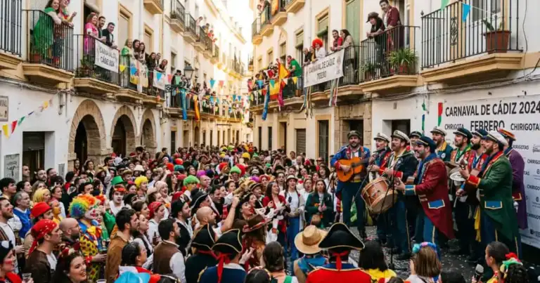 Celebración del Carnaval de Cádiz con chirigotas, disfraces y público reunido en una calle del centro histórico.