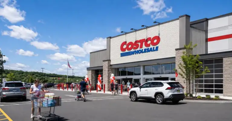 Fachada de almacén comercial con estacionamiento lleno, clientes entrando