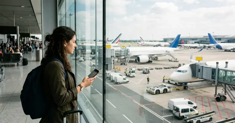 Pasajera observando varios aviones desde una terminal de aeropuerto antes de su vuelo